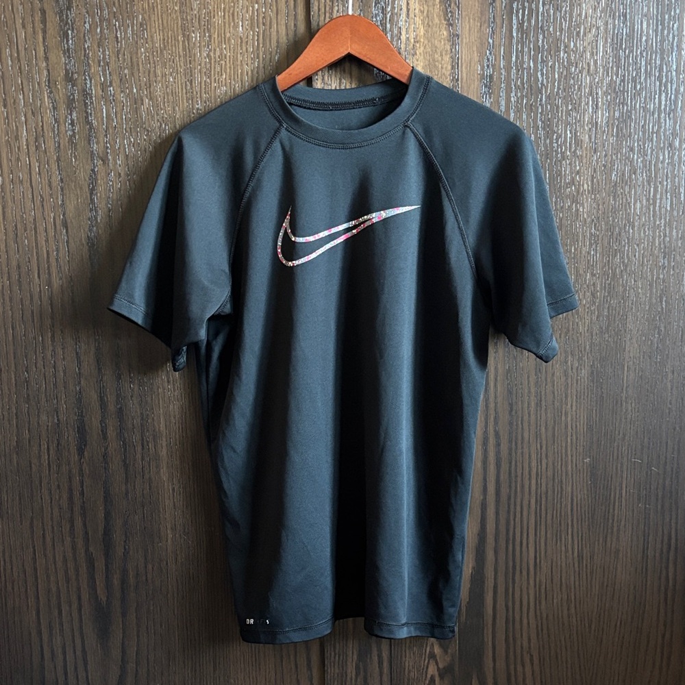 Nike Black Short Sleeve Tee with Multicolor Floral Swoosh